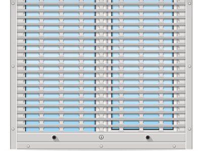 plastic window behind metal perforated rolling shutters vector illustration isolated on white background